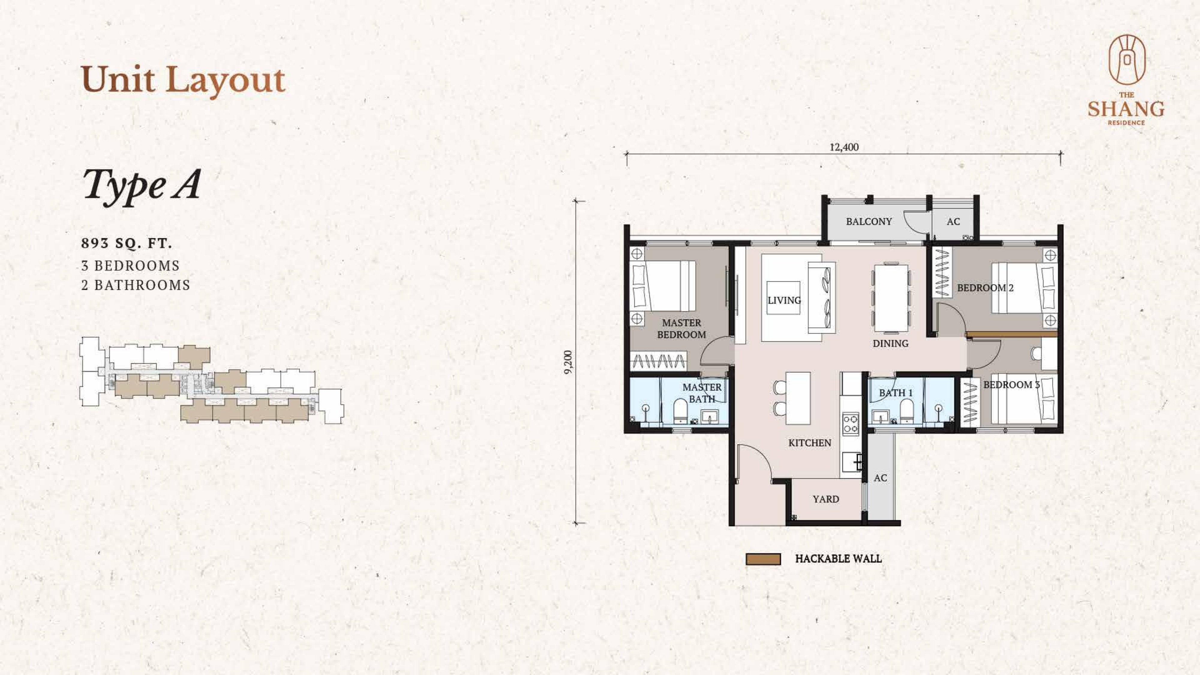 The Shang Residence Type A Floor Plan — 893 sq.ft 3 Bedrooms